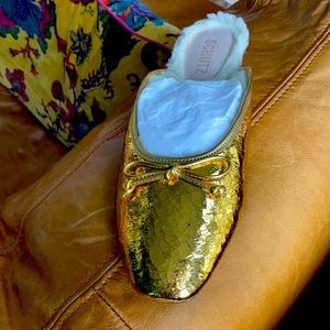 Good condition prepared Schutz golden mules (worn 3xs)